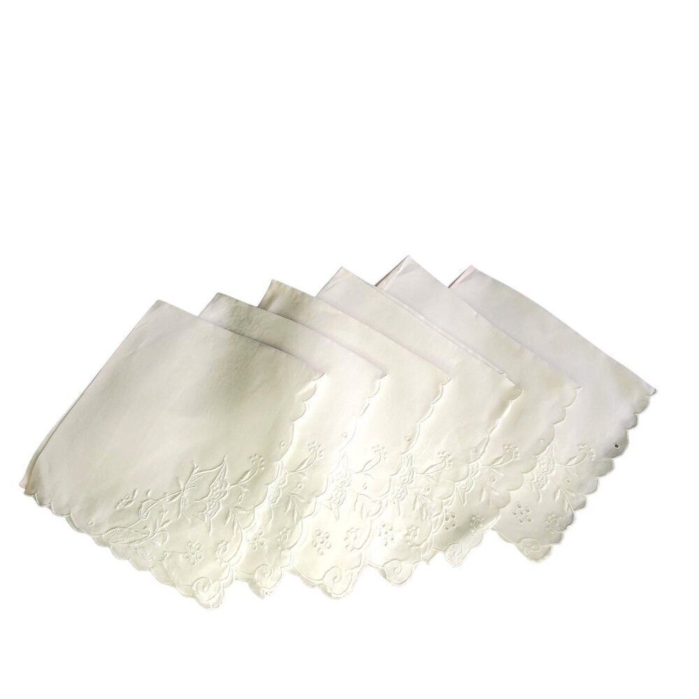 Vintage White Cotton Madeira Napkins with Floral Embroidery (Set of 6) Scalloped